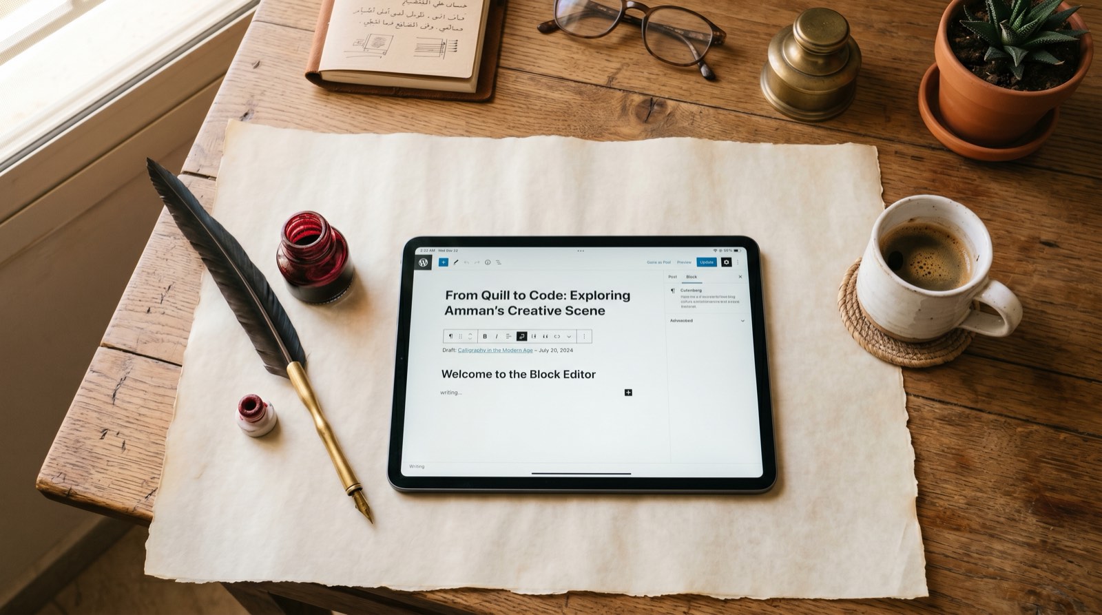 Flatlay of a studio desk in Amman: vellum, quill, ink pot, iPad with Gutenberg open