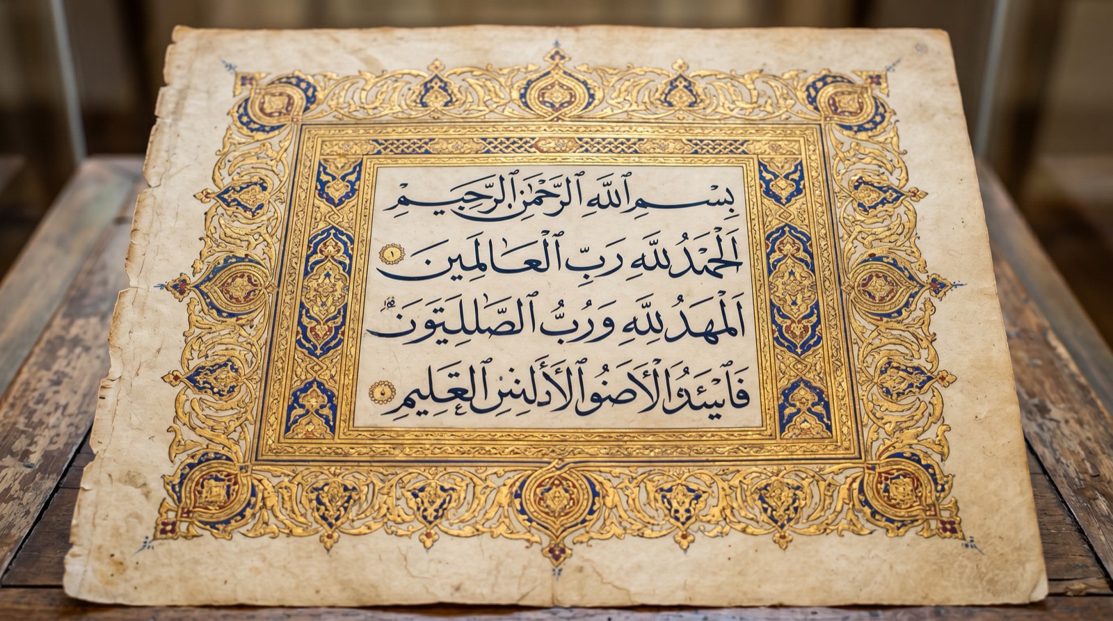 Detail of an Ottoman manuscript with gold calligraphy and arabesques