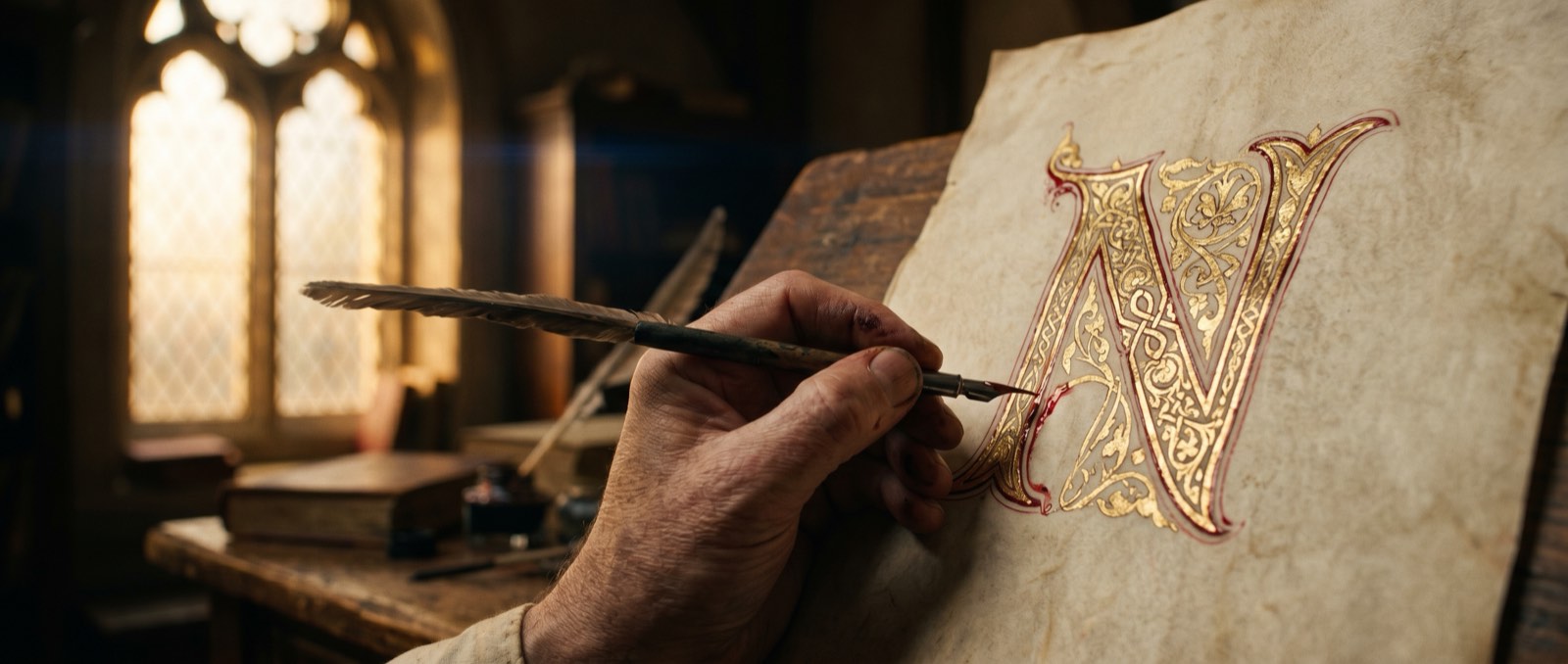 A calligrapher's quill drawing a gold dropcap on vellum