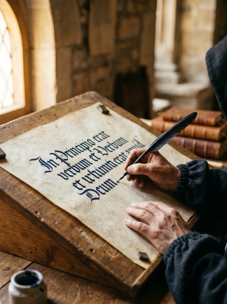 Scribe's hands holding a vellum folio in warm window light