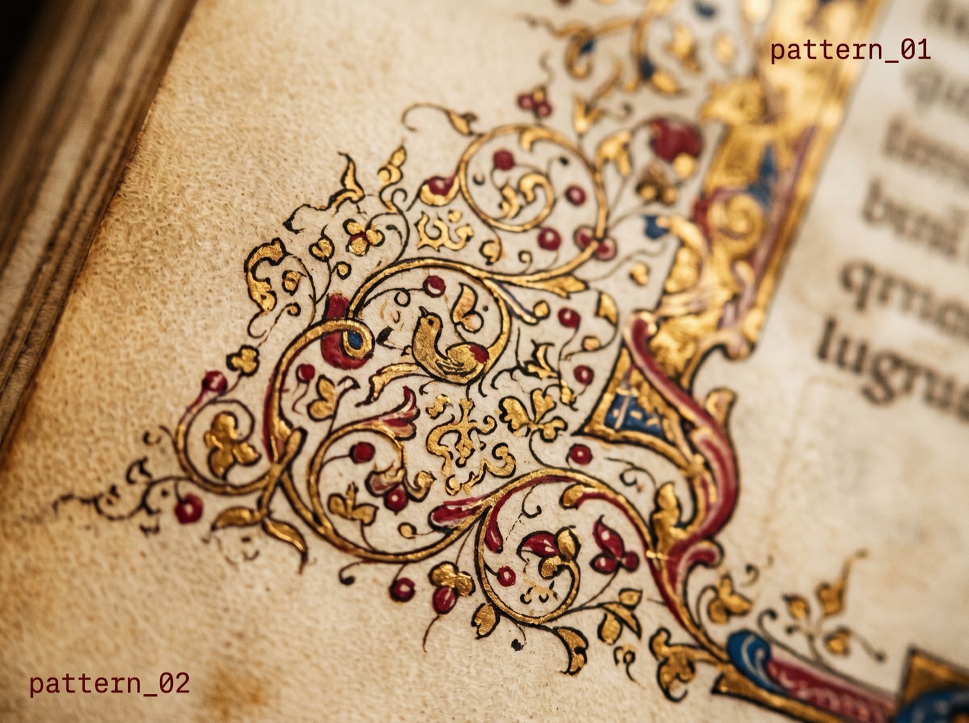 Manuscript marginalia showing pattern sketches alongside Gutenberg block code