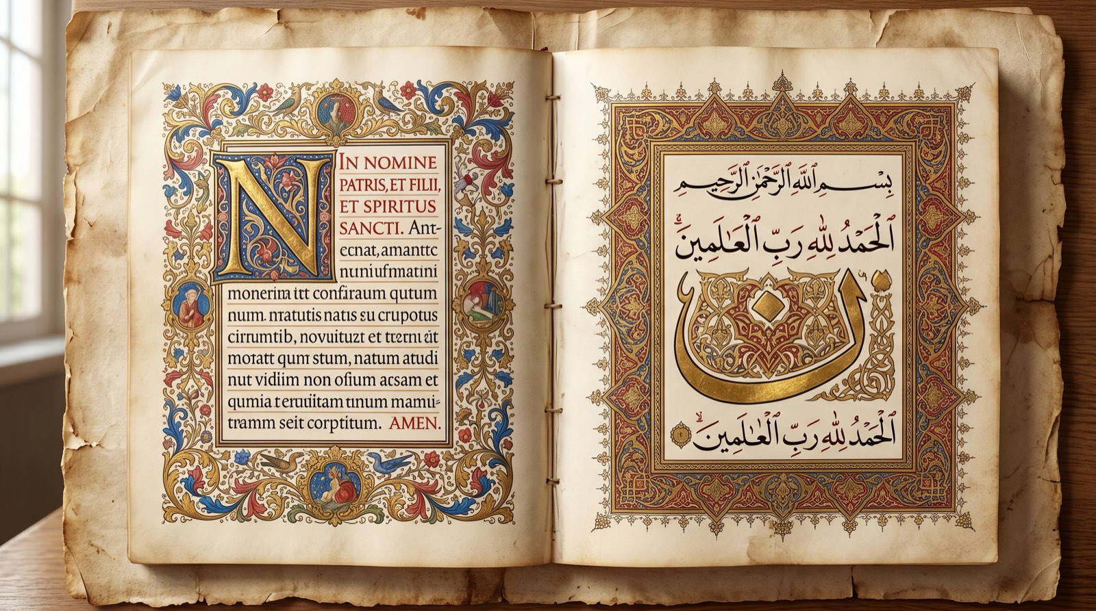 Two manuscript pages side by side: one with an English dropcap, one with Arabic calligraphy dropcap — same layout, both directions