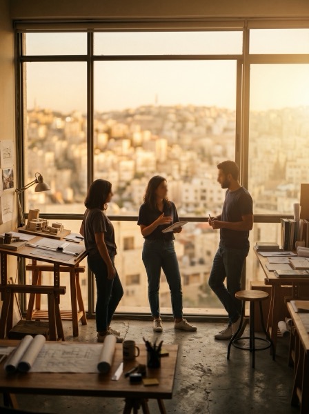 Three founders silhouetted against a window with Amman rooftops behind them